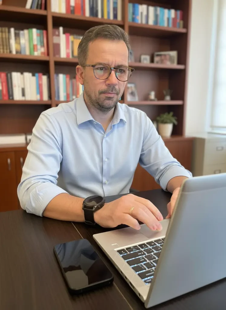 budowa strony internetowej przez siedzącą osobę przy biurku , w tle laptop i regał z książkami