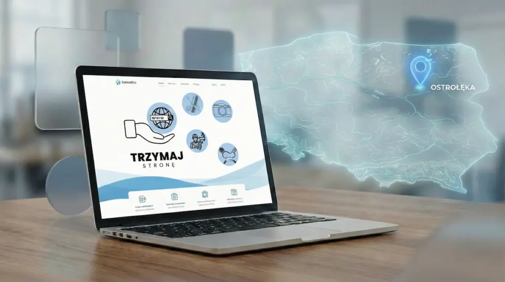 Laptop z widocznym projektem strony Trzymaj Stronę ustawiony obok mapy Polski z zaznaczoną Ostrołęką